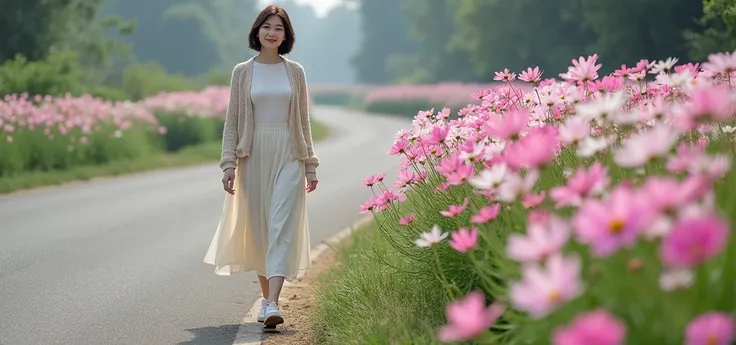  Beautiful Korean 50s  .  1 woman  ,  The cosmos flowers are realistic and realistic . She wore a light, short cardigan over a high-quality white knit. She wore a long skirt.  Walking along a rural cosmos flower path curved in a curve where cosmos is in fu...