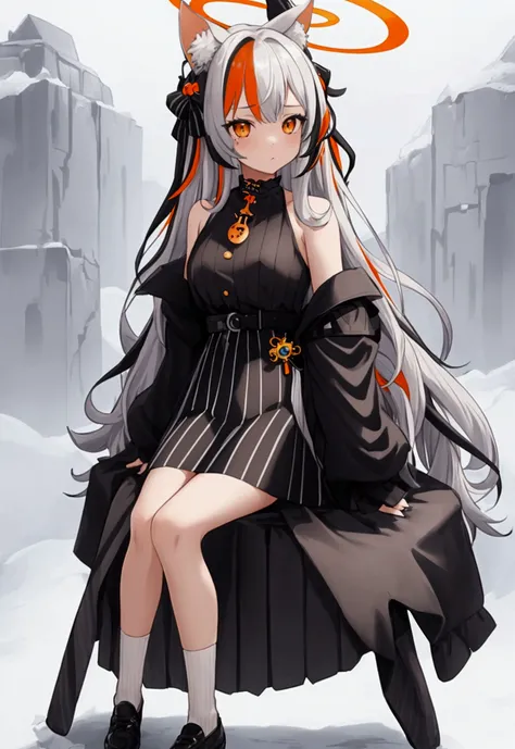 (masterpiece,  best quality ),  1girl,   cocoons,  long hair,  orange eyes , gray hair, bang,  multicolored hair, striped hair , animal ears, halo, black dress, Striped dress, vertical-Striped dress,  pelvic curtain , white skirt, black jacket,  long sleev...