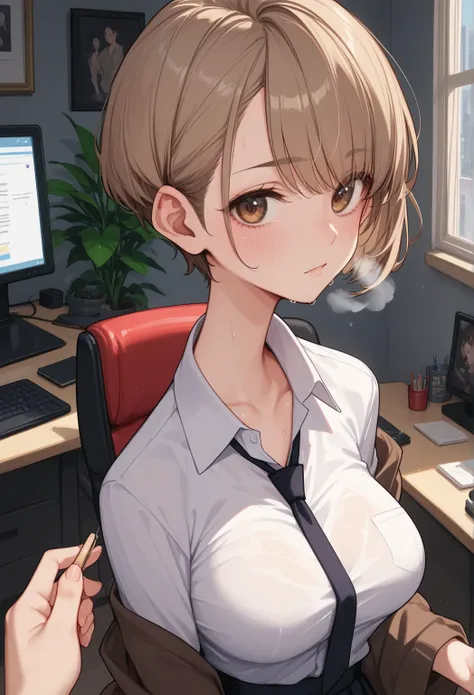  first-person view、 Woman Staring at Someone You Love 、Anxious expression、 stares at you、 heavy breathing 、 Heart Effects 、 sweaty body 、Big Breasts、


 a secretary in the secretary department （everyone）
Light Brown、 pixie cut、 her upbeat vibe
beige shirt、...