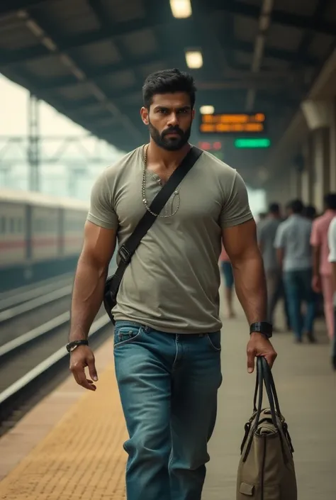 Create a photo in which a person resembling an Indian wrestler ( wearing jeans and tshirt ) is coming from a railway station with a bag in his hand.