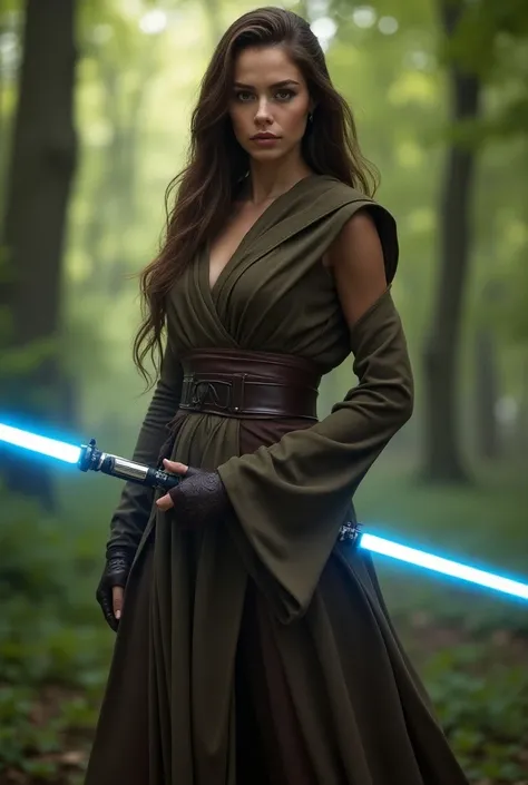 Star wars, Phoebe Tonkin, beautiful woman, long brown hair, hazel eyes, wearing Jedi robes, standing in a forest, holding a blue lightsaber