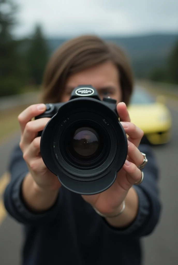 A camera being held and with the viewfinder pointed at me with a blurry sports car in the background and the camera contains a sticker on the lens saying God save the roll the camera lens is tilted upwards 
