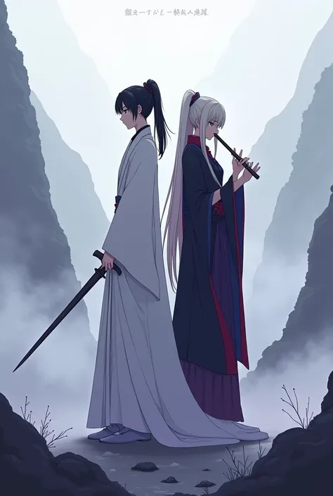 "Create an illustration of two characters standing back-to-back on a misty, mountainous landscape. The character on the left wears a long, flowing white robe, exuding a calm and stoic demeanor while holding a sword by their side. Their black hair flows beh...