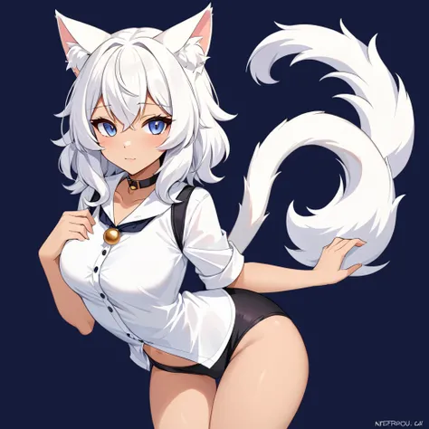 anime girl with a cat tail and a white shirt, catgirl, attractive cat girl, cat girl, anthro cat, beautiful young catgirl, anime catgirl, anthropomorphic female cat, white cat girl, an anthro cat, cat woman, anthro art, cat furry, neferpitou, commission fo...