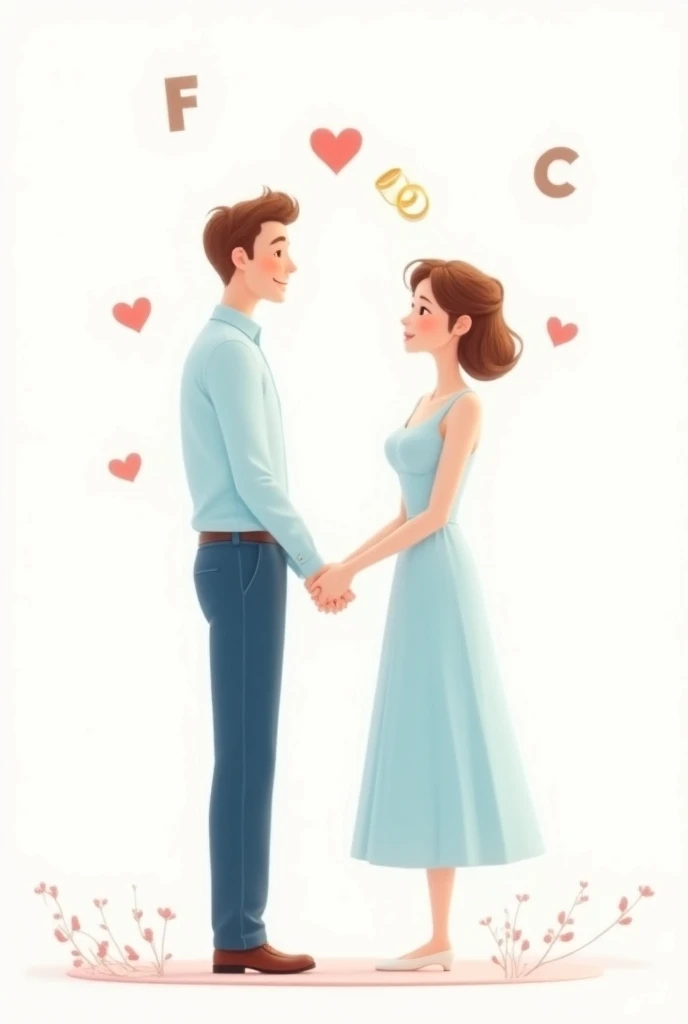  Wedding couple the groom light blue shirt and the bride dressed light blue white background with little hearts, That it says F and C and has some rings but animated