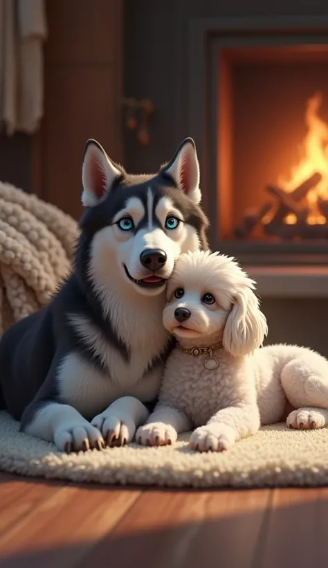 **Setting:** A warm living room with a fireplace, soft blankets, and a cozy atmosphere.
- **Character Features:** Max(a stunning Siberian husky with a thick double coat of gray and white fur, strong athletic build), looking relaxed, with his fluffy coat sl...