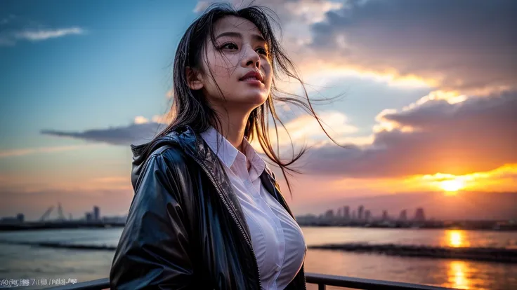 1 girl,UHD, high details, high quality, masterpiece, best qualit,cute,23 years old ,japanese woman,large breast, sunset beach, to be caught in a passing shower,looking over sky,wet,Wet clothes, wet skin,(white shirt:1.3),short pantsI didnt have an umbrella...