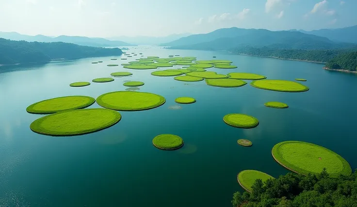 9. Aerial View of Loktak Lake’s Unique Floating Islands

A top-down perspective of Loktak Lake, showing several floating islands of different sizes. The water is a vibrant blue, with the islands appearing as green dots scattered beautifully across the lake...