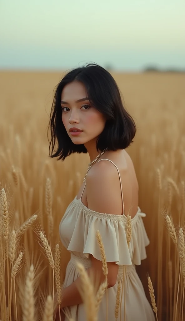 A woman, dark hair, Long Bob walks through a wheat field, flirting with the camera, skin defect,,,, Natural skin texture, 24 mm, 4k textures, soft cinematic light, Adobe Lightroom, a dark room, HDR, difficult, elegant, Very detailed, sharp focus, ((((cinem...