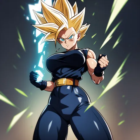 dbsuper style, 
Girl, green aura, super saiyan aura, belt, cyan hair, huge hair, bruise, bruise on face, clenched hands, frown, glasses, gloves, blue eyes, grey gloves, injury, medium breasts, huge muscular, solo, spiked hair, super saiyan, super saiyan 4,...