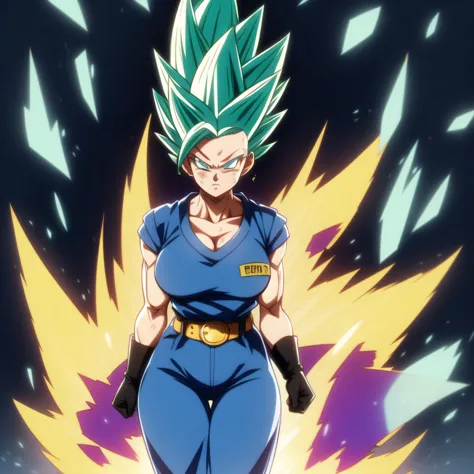 dbsuper style, 
girl, green aura, super saiyan aura, belt, cyan hair, huge hair, bruise, bruise on face, clenched hands, frown, ...