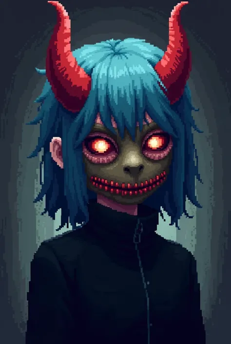 Art pixel style Undertale , Character with red horns and blue mullet hair and wearing a leatherface-style mask