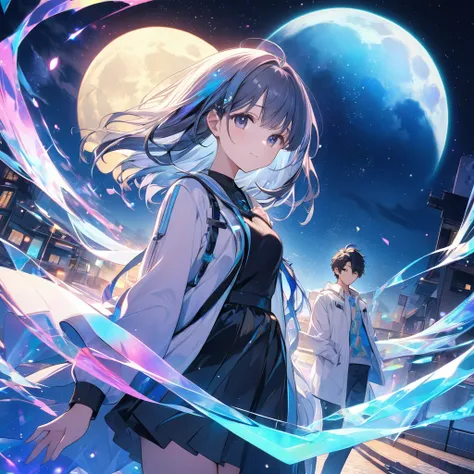  a girl, A boy night starry sky full moon holographic colors 