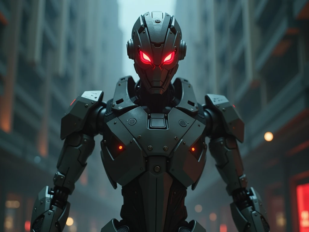 Create a dramatic scene showing a robot with glowing red eyes, representing the potential dangers of uncontrolled AI