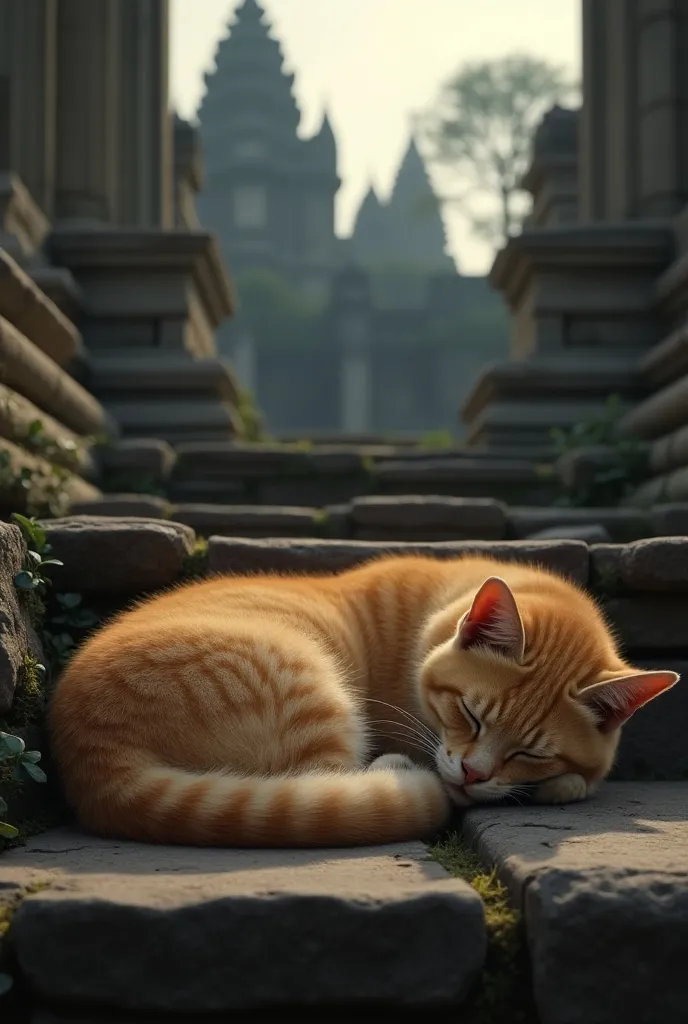 ((masterpiece, highest quality, Highest image quality, High resolution, photorealistic, Raw photo, Extremely detailed CG unified 8k wallpaper)), Cat at Angkor Wat, Cat on the Stone Steps, ancient temple ruins, cat sleeping on stairs,