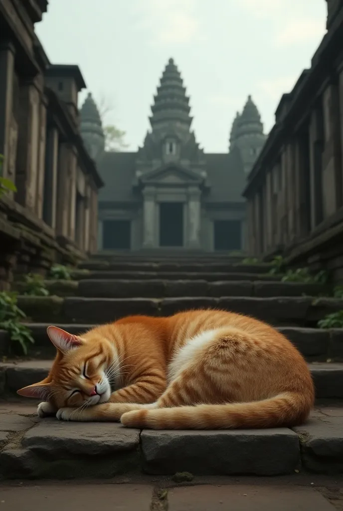 ((masterpiece, highest quality, Highest image quality, High resolution, photorealistic, Raw photo, Extremely detailed CG unified 8k wallpaper)), Cat at Angkor Wat, Cat on the Stone Steps, ancient temple ruins, cat sleeping on stairs,