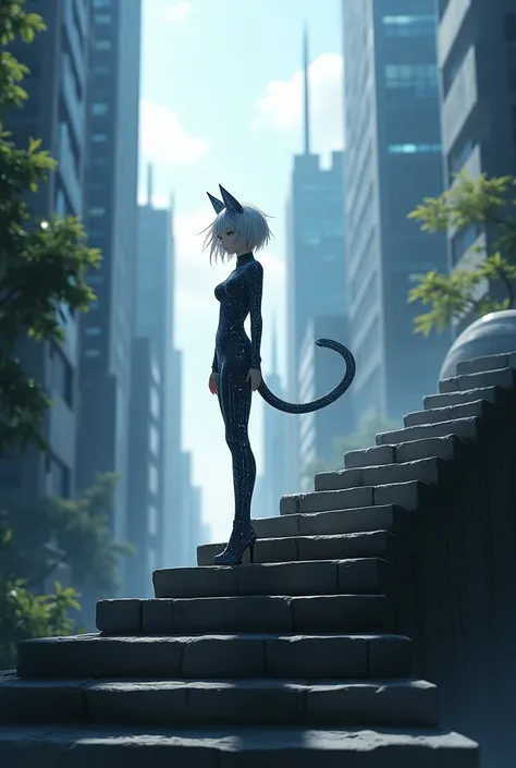 In the midst of a city with soaring skyscrapers in a futuristic world, an old stone staircase remains in a quiet corner of a park. At the top of those stone steps stands a futuristic catgirl. Her silver hair is blowing in the slight breeze, and her cat ear...