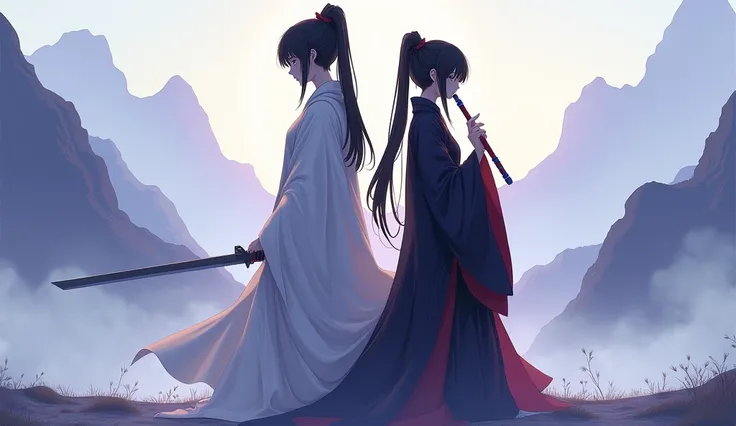 "Create an illustration of men two characters standing back-to-back on a misty, manly, mountainous landscape. The character on the left wears a long, flowing white robe, exuding a calm and stoic demeanor while holding a sword by their side. Their black hai...