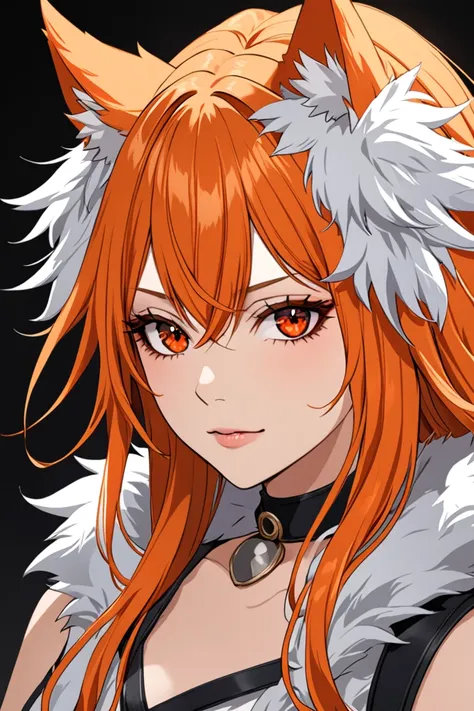 female with long orange hair, wolf ears, red eyes