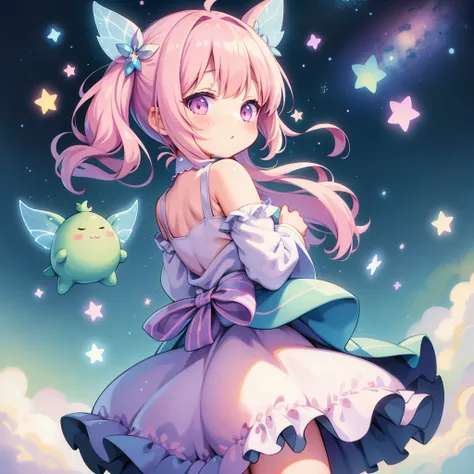 The fluffy and adorable little fairy 、Jiggly、shiny、Im wearing a 、 star-shaped pochette over my shoulder with a plump and rounded butt、two short hands and legs、Small wings on the back、