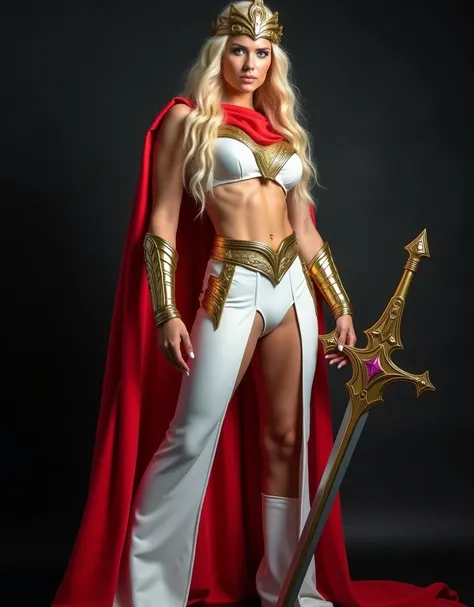 SHE-RA PRINCESS OF POWER (( MASTERS OF THE UNIVERSE)), NORSE VEMALE BEAUTY, HUGE LONG BLONDE HAIR, HIGH CHEEKBONES, ROSY CHEEKS, MENTAL FORAMEN, BLUE EYES LOOKING AT CAMERA, BUILK THICK ATHLETIC BODY, MUSCLES, GORGEOUS THIGHS, RED CAPE, WHITE LATEX JUMPSUI...