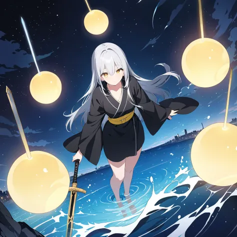  anime style,Standing woman,Women stand on water .,Silver Hair,Long Hair,  wearing a black cloak , yellow eyes,Sparkling Eyes,Sparkling Eyesのハイライト 着物の衣装, Black Kimono,Yellow belt, yellow orbs fly , noble atmosphere, dazzling swords illuminate the world , p...