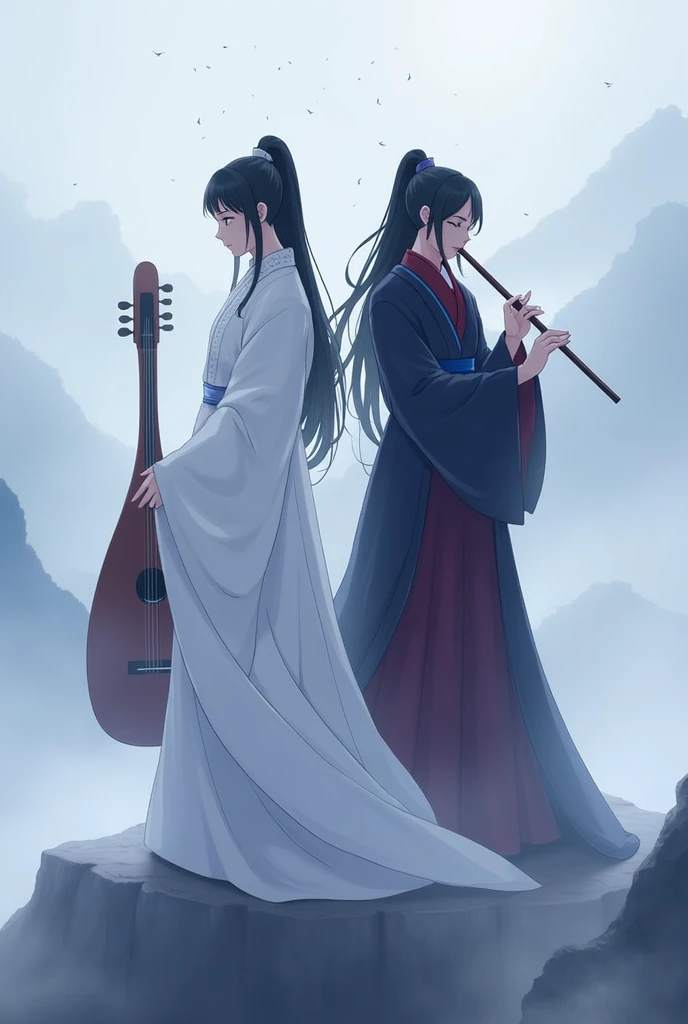 "Create an illustration of two characters standing back-to-back on a misty, mountainous landscape. The character on the left wears a long, flowing white robe, exuding a calm and stoic demeanor while holding a zither by their side. Their black hair flows be...