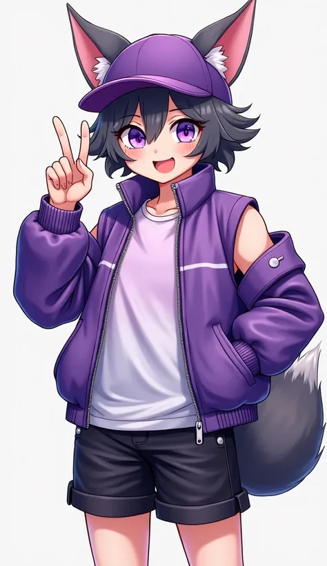  FULL BODY IMAGE ,  manga style ,   where there is a cute man  ,  half human and half feline male ,   with curly and dark gray hair  , purple eyes, high, Strong and slightly chubby ,   cheeky face and radiant with a cheerful smile ,   wearing a white shirt...