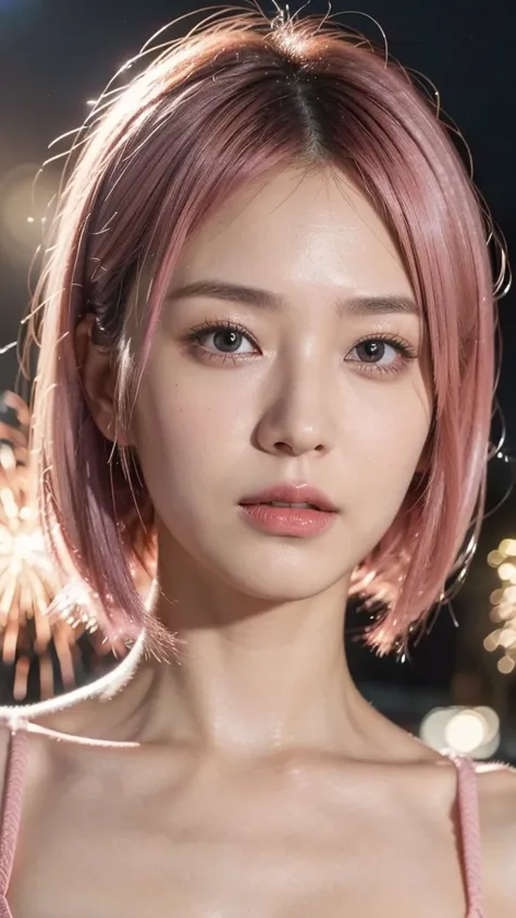 Model actress、One Woman、cool、Japanese and half European、Close-up of face、30 generation beauty、Realistic Skin、4K images、bright pink hair、Short Hair、The background is fireworks