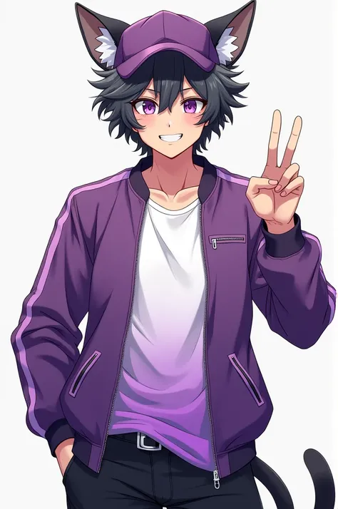  FULL BODY IMAGE ,  manga style ,   where there is a cute man  ,  half human and half feline male ,   with curly and dark gray hair  , purple eyes, high, Strong and slightly chubby ,   full and radiant face and cheerful smile,   wearing a white shirt with ...