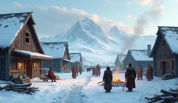 " A realistic image of a Viking settlement in Greenland during winter.  The scene must include wooden and stone houses covered with snow ,  with smoke coming from the chimneys . Viking residents ,  dressed in heavy leather clothing ,  are involved in vario...