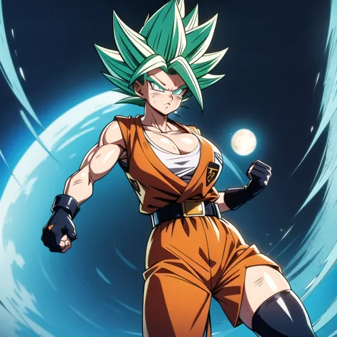 dbsuper style, 
girl, green aura, super saiyan aura, belt, cyan hair, huge hair, bruise, bruise on face, clenched hands, frown, ...