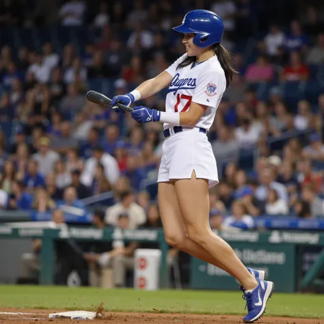 A high-resolution action shot of a Japanese pretty girl in a mini dress of Dodgers , Swinging a bat and hitting a ball during a game, Wearing blue gloves and a helmet of  Dodgers ,  The background is filled with a crowd of spectators, Creating a lively and...