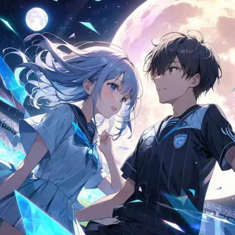  a girl, A boy school soccer night starry sky full moon holographic colors 