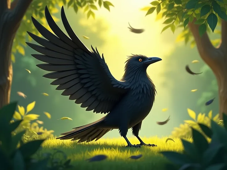 In the dense jungle ，A mother crow spreads her wings， standing tired on the grass ，Feathers falling off my body ， black feathers floating in the air， warm sunshine ，3D Animation，Light Effect，Cartoon，Horizontal version 16:9，Ultra-clear picture quality