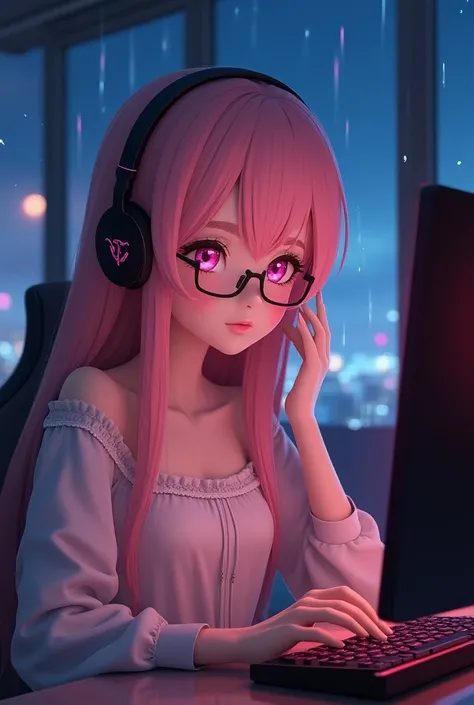 Short 3D anime girl looking real with pink hair and beautiful pink eyes and glasses for reading sitting in pent house streaming video games at night while rain is pouring