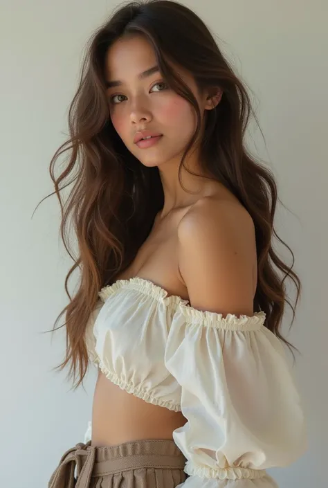  Beautiful girl with long wavy hair, with a big round culotte, backwards 