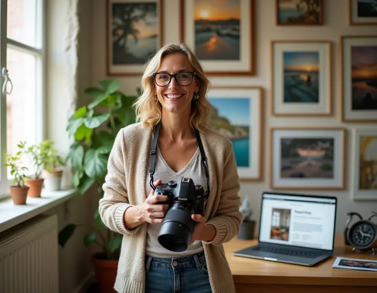 A woman in her mid-40s, standing in a cozy, sunlit studio with a camera in hand, surrounded by framed photographs of nature and portraits on the walls. She has a confident, joyful smile as she adjusts her camera lens, dressed casually in comfortable clothe...