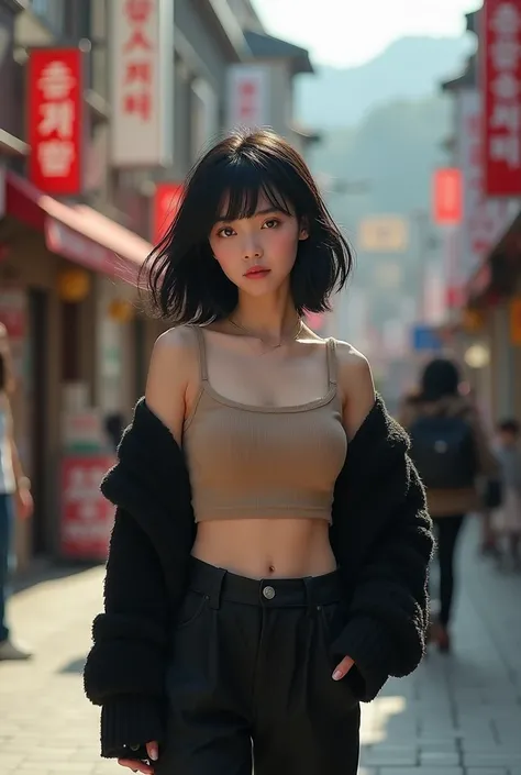 An image of a girl with little eyes with black hair cut in layers to finish her torso  ,, black pants carry a beige top and a short black sweater on a street in South Korea