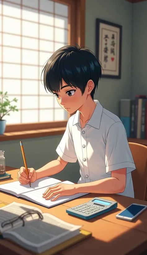 A Japanese teenager diligently doing his homework at his desk in his room in Japan