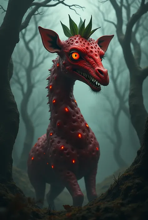 Here’s a prompt for generating a dark, monstrous hybrid image of a giraffe and a strawberry:

"Create a dark, monstrous hybrid image that combines a giraffe with a strawberry. The giraffe’s body should be covered in a rough, deep red texture resembling a s...