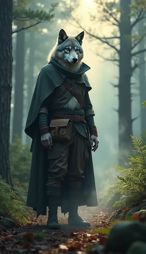 "A mysterious, anthropomorphic wolf dressed in rugged outdoor clothing, wearing a cloak and carrying a small satchel, standing in a misty, enchanted forest at dawn. The wolf’s fur is highlighted by soft, diffused light filtering through the trees, adding d...