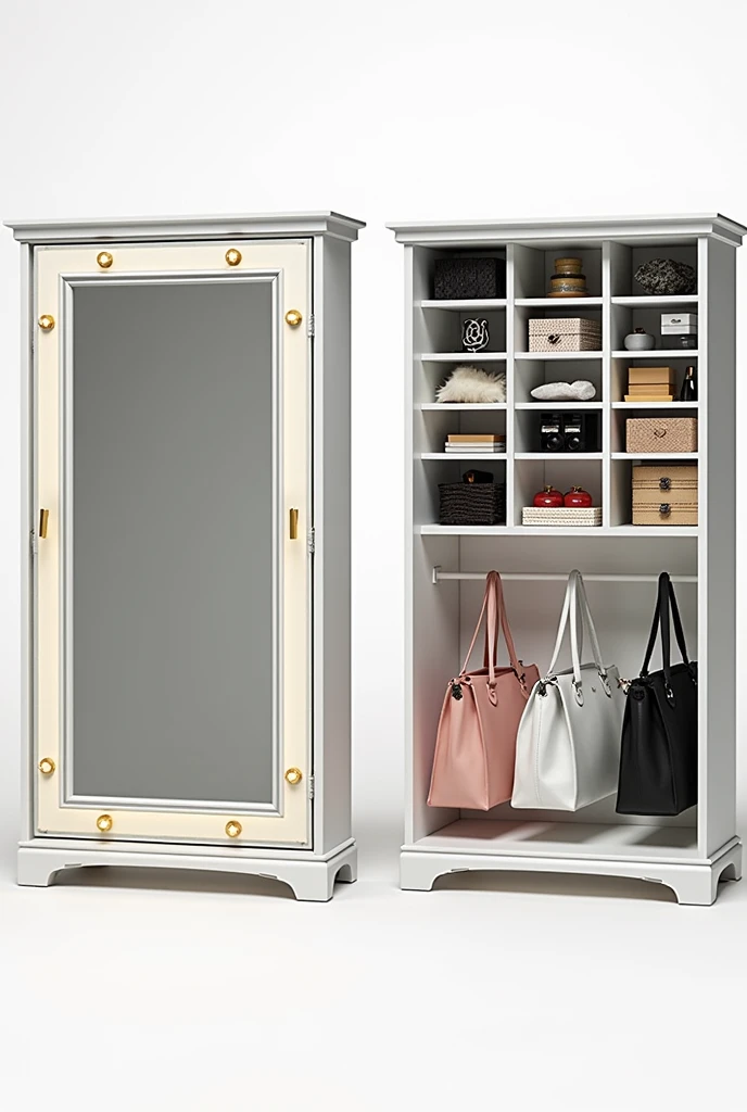 can u design me a cupboard with one door. front mirror with lights like vanity or hollywood mirror. inside i need to keep my makeup items creams hair clips and below i need hangers for my bags inside the cupboard. i need makeup items in frist rows not back...