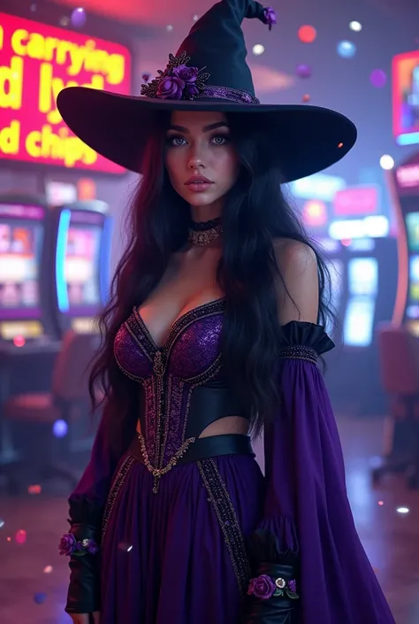 Beautiful girl with long black hair and light blue eyes dressed as a witch in her purple and black clothes with a black witchs hat with a background of casino chips and a sign that says Im carrying Red Lyd chips