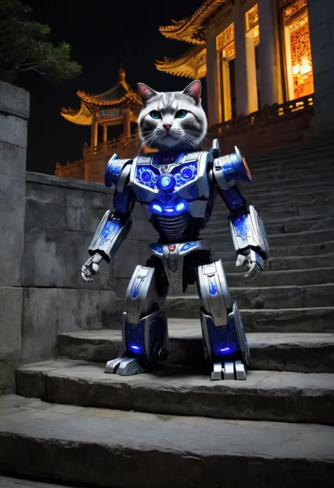 A cat themed transformer robot is mid transformation as it returns to its cat mode to reenter the Chinese palace, Cat on stone steps, night time