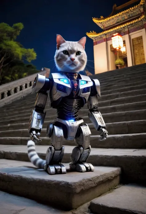 A cat themed transformer robot is mid transformation as it returns to its cat mode to reenter the Chinese palace, Cat on stone steps, night time