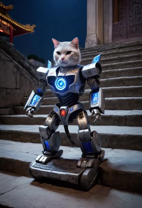 A cat themed transformer robot is mid transformation as it returns to its cat mode to reenter the Chinese palace, Cat on stone steps, night time