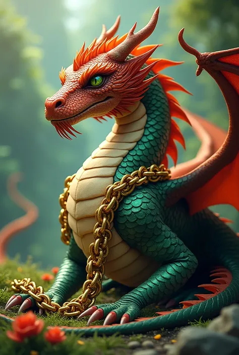 Dragon sitting with gold chain says BZD