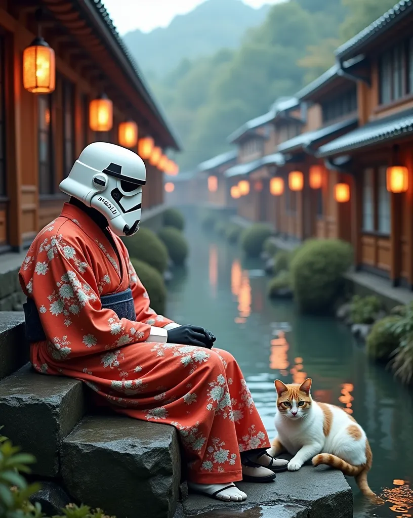 A serene scene at Ikaho Onsen, featuring a relaxed cat lounging on the stone steps, alongside a Stormtrooper wearing a traditional yukata. The setting should capture the essence of Japanese culture with vibrant colors, warm lighting, and a tranquil atmosphere, showcasing the beauty of the hot spring town.