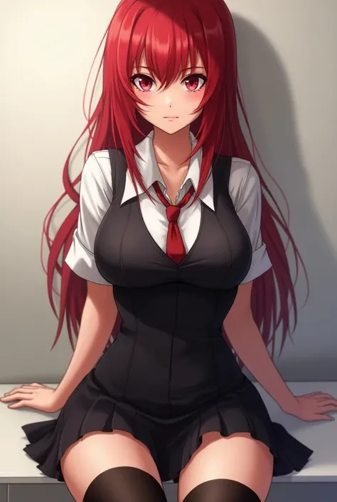 Rías Gremory in a tight schoolgirl outfit sitting with her legs open